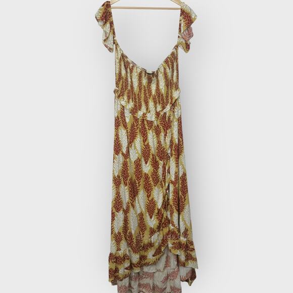 Lexbreezy Muumuu Off-Shoulder Dress 2XL Red Gold Awapuhi Print Smocked Hawaiian - Picture 1 of 10